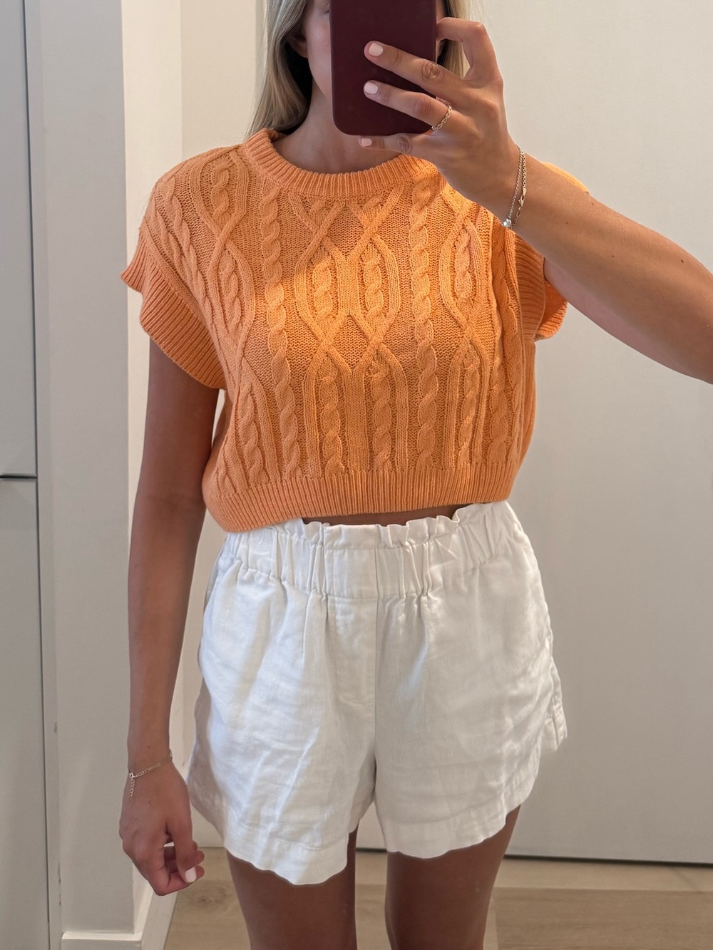 Cropped Cable-Knit Sweater Vest in Peach